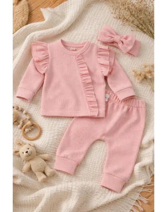 Pembe Fırfırlı 3’lü Kız Bebek Takımı