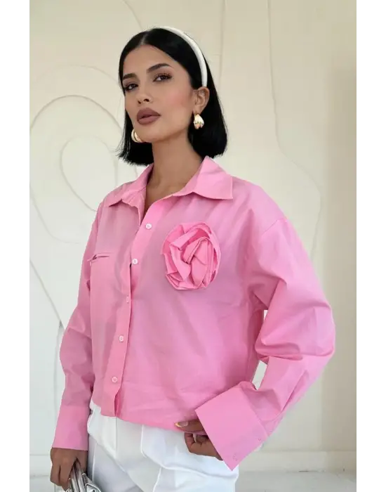 Pembe Fleto Cepli Poplin Gömlek