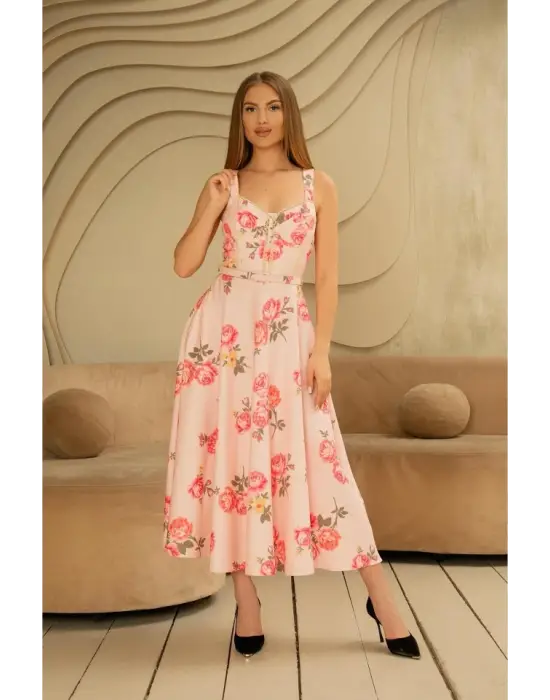 Pembe İnce Kemer Detaylı Elbise