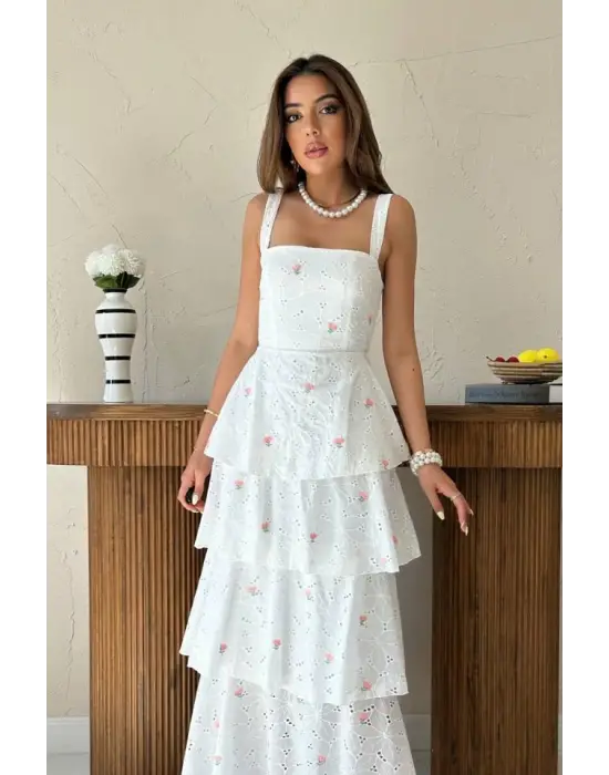 Omarı Pembe Kat Kat Arkası Bağlamalı Elbise