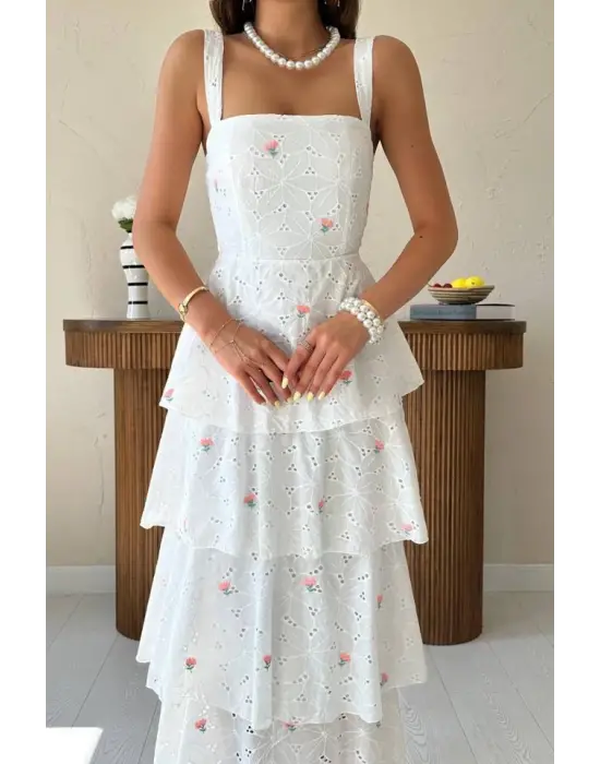 Omarı Pembe Kat Kat Arkası Bağlamalı Elbise