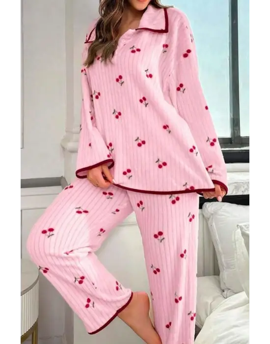 Pembe Kiraz Baskılı Cotton Pijama Takımı 77017