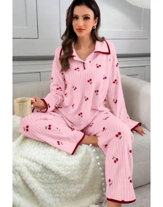 Pembe Kiraz Baskılı Cotton Pijama Takımı 77017