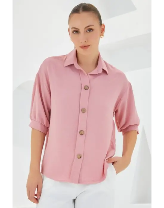 Pembe Kısa Kol Oversize Keten Gömlek 20240