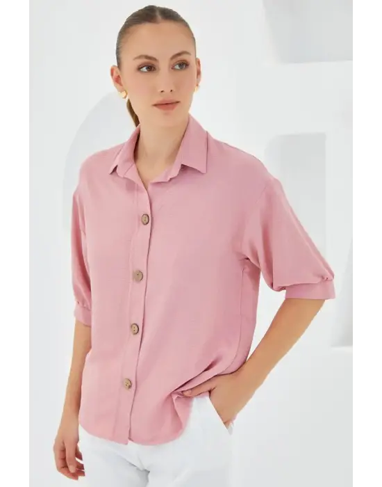 Pembe Kısa Kol Oversize Keten Gömlek 20240