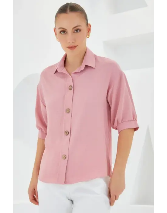 Pembe Kısa Kol Oversize Keten Gömlek 20240