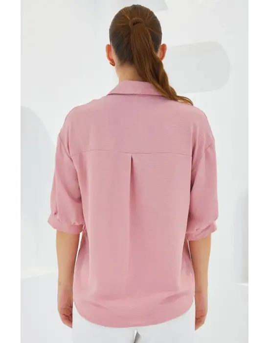 Pembe Kısa Kol Oversize Keten Gömlek 20240