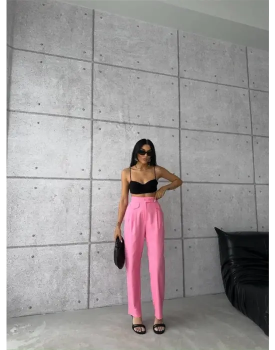 Omarı Pembe Kapalı Cep Pantolon - Düğme Detaylı