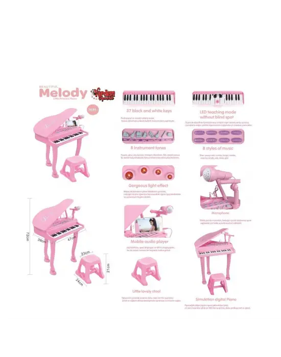 Omarı Pembe Mikrofonlu 37 Tuşlu Mp3 Çalar Piyano