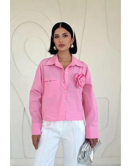 Omarı Pembe Poplin Cepli Gömlek
