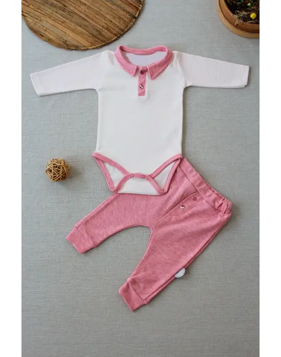 Omarı Melanjlı Uzun Kollu Kız Bebek Takımı Pembe