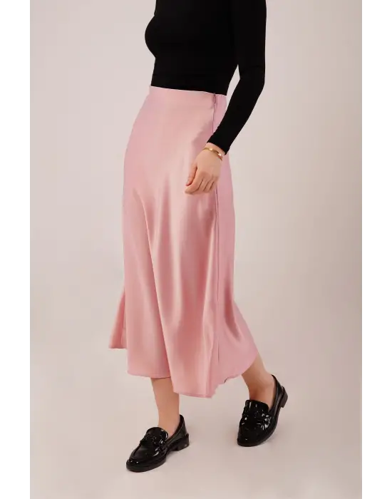 Omarı Elegan Saten Pembe Çan Etek