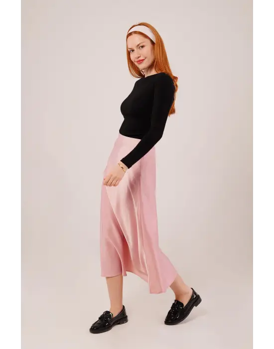 Omarı Elegan Saten Pembe Çan Etek