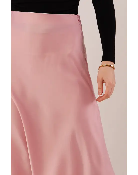 Omarı Elegan Saten Pembe Çan Etek