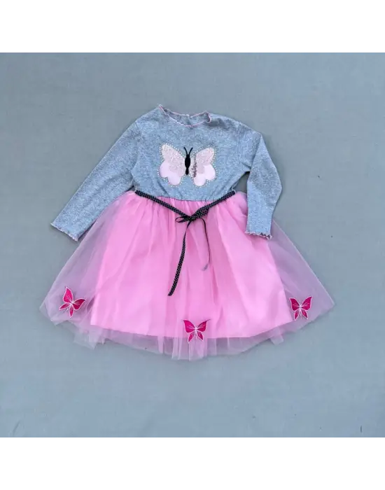 Omarı Kelebek Desenli Astarlı Kız Çocuk Tütü Elbise - Pembe