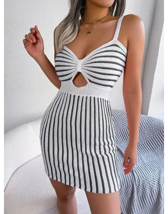 Omarı Şerit Desenli Mini Triko Elbise