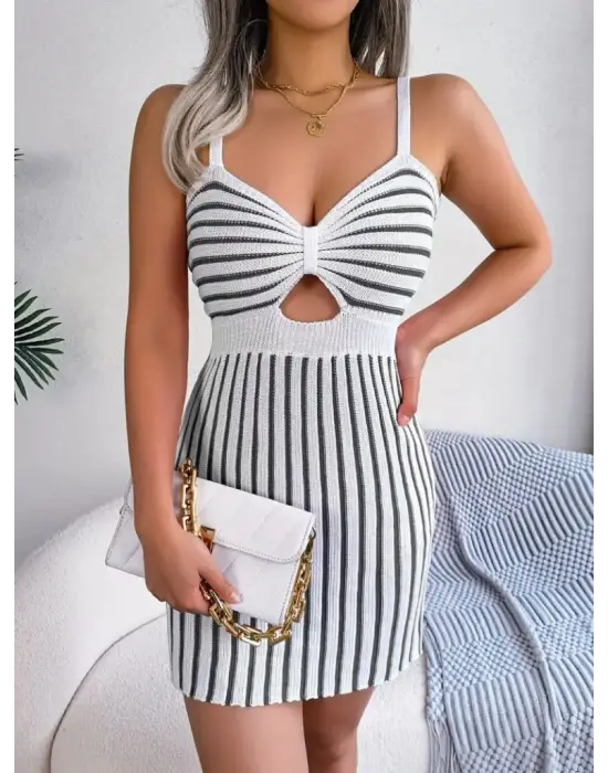 Omarı Şerit Desenli Mini Triko Elbise