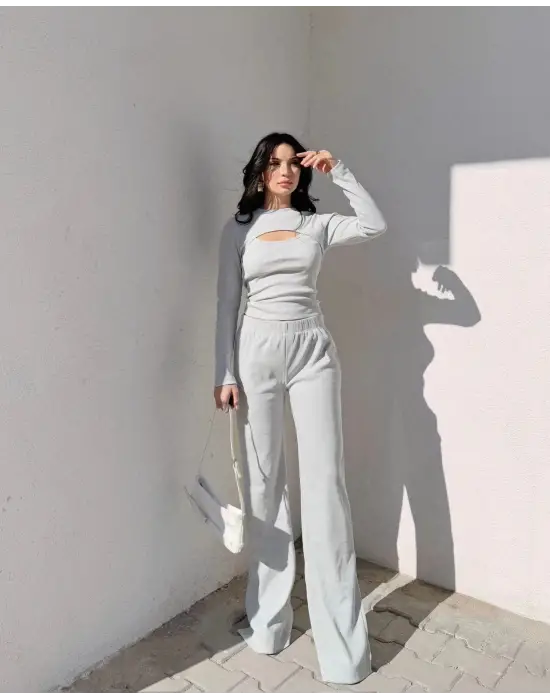 Pencereli detaylı alt üst takım gri w3864