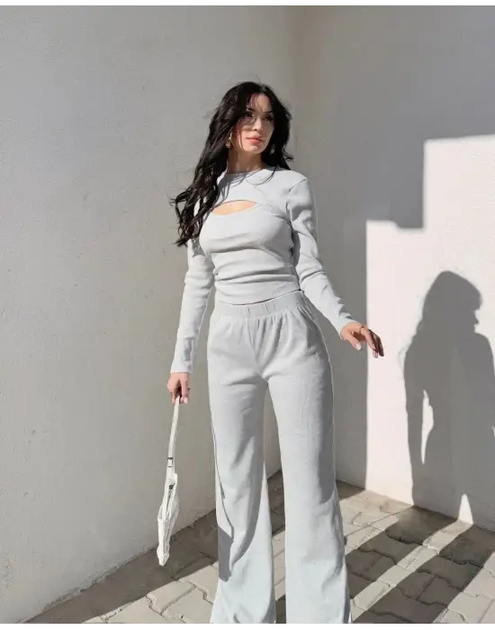 Pencereli detaylı alt üst takım gri w3864