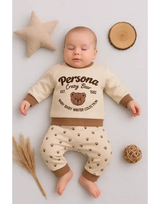Persona Bear Nakışlı % 100 Pamuk 2li Erkek Bebek Takım