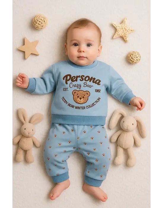 Persona Bear Nakışlı % 100 Pamuk 2li Erkek Bebek Takım