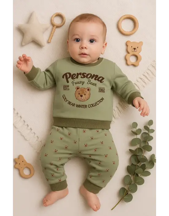 Persona Bear Nakışlı % 100 Pamuk 2li Erkek Bebek Takım