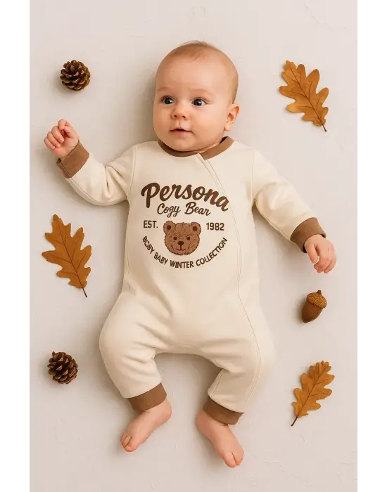 Persona Bear Nakışlı % 100 Pamuk Erkek Bebek Tulum