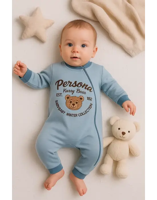 Persona Bear Nakışlı % 100 Pamuk Erkek Bebek Tulum