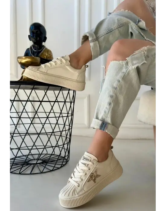 Piata Bej Cilt Bej Tabanlı Bağcıklı Spor Ayakkabı