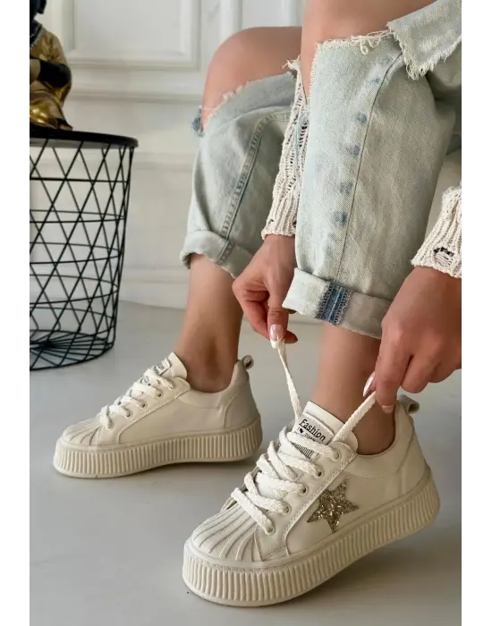 Piata Bej Cilt Bej Tabanlı Bağcıklı Spor Ayakkabı