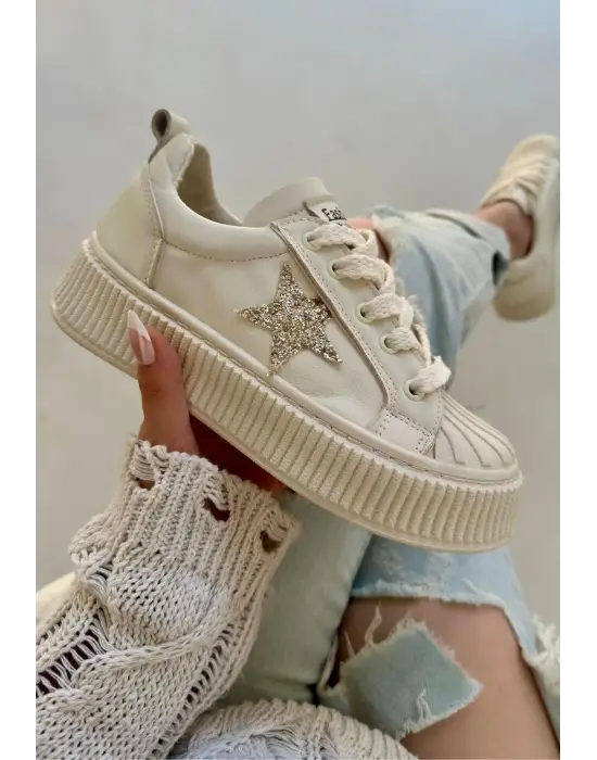 Piata Bej Cilt Bej Tabanlı Bağcıklı Spor Ayakkabı