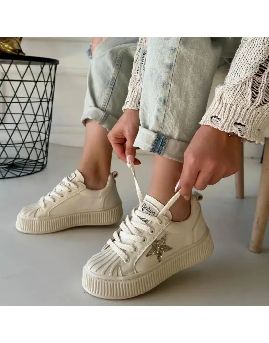 Piata Bej Cilt Bej Tabanlı Bağcıklı Spor Ayakkabı