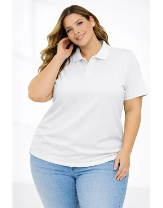 Pike Kumaş Düğmeli Yaka Battal Büyük Beden Günlük Kısa Kol Tişört T-shirt - Beyaz