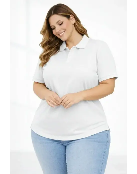 Pike Kumaş Düğmeli Yaka Battal Büyük Beden Günlük Kısa Kol Tişört T-shirt - Beyaz