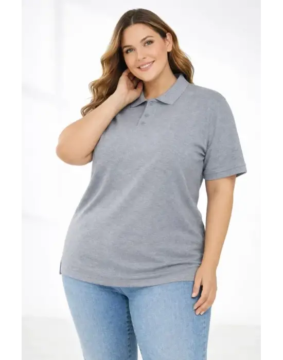 Pike Kumaş Düğmeli Yaka Battal Büyük Beden Günlük Kısa Kol Tişört T-shirt - Gri