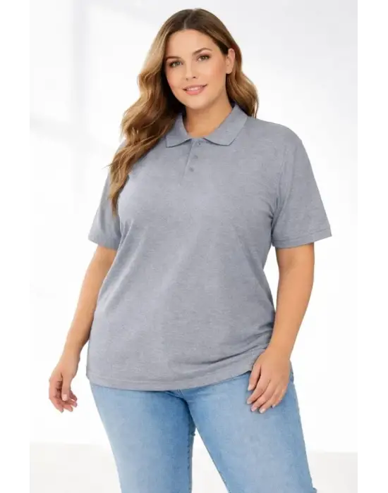 Pike Kumaş Düğmeli Yaka Battal Büyük Beden Günlük Kısa Kol Tişört T-shirt - Gri