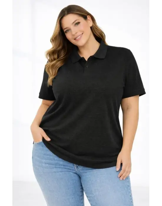 Modern Düğmeli Yaka Büyük Beden Kısa Kollu Tişört - Siyah