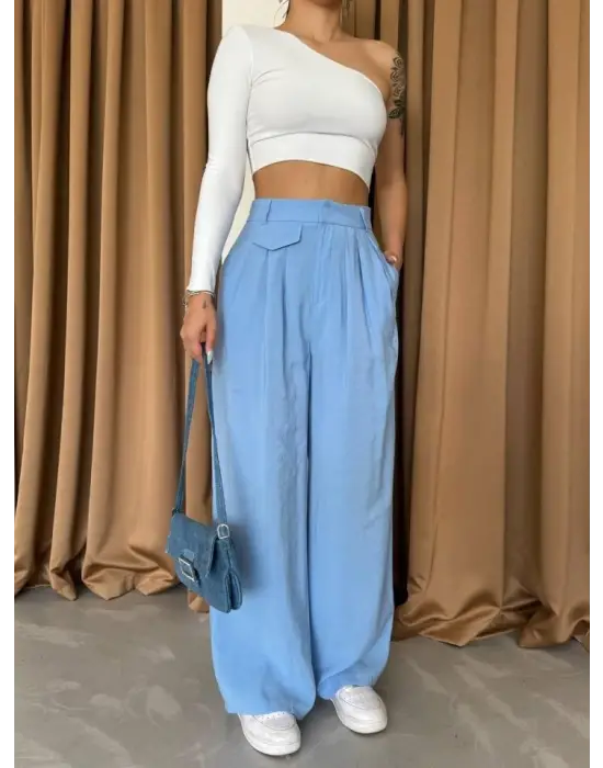 PİLE VE CEP KAPAK DEYALI SALAŞ PANTOLON - Mavi