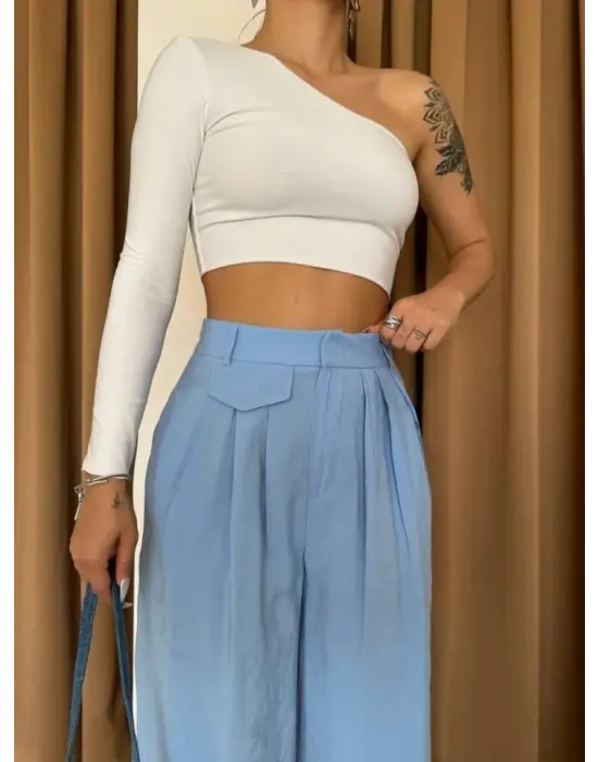 PİLE VE CEP KAPAK DEYALI SALAŞ PANTOLON - Mavi