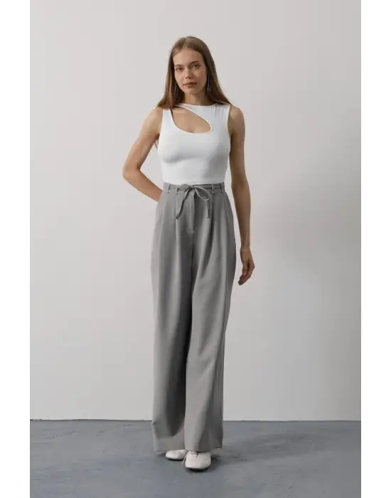 Pileli Bağcıklı Oversize Pantolon - Gri