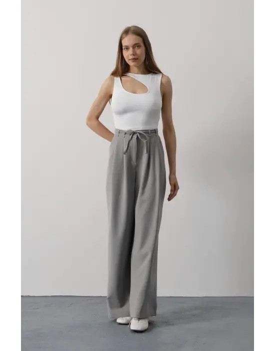 Pileli Bağcıklı Oversize Pantolon - Gri
