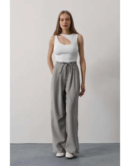 Pileli Bağcıklı Oversize Pantolon - Gri