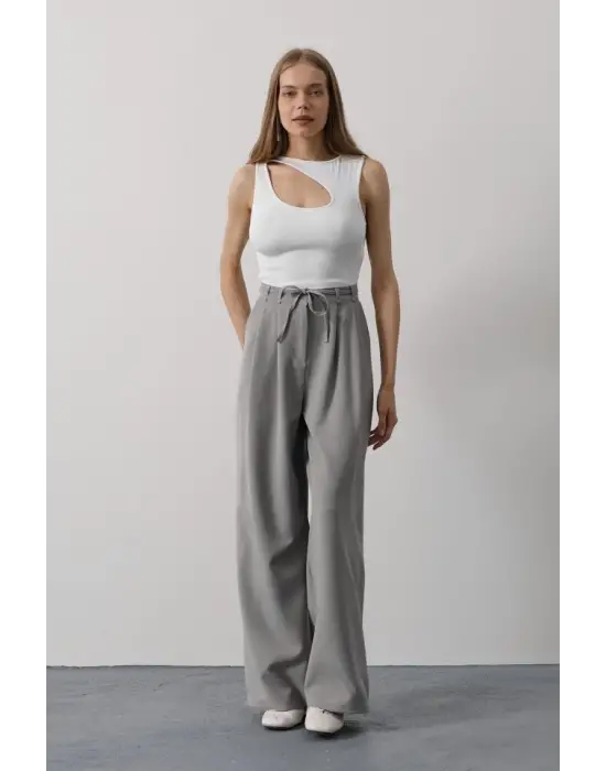 Pileli Bağcıklı Oversize Pantolon - Gri