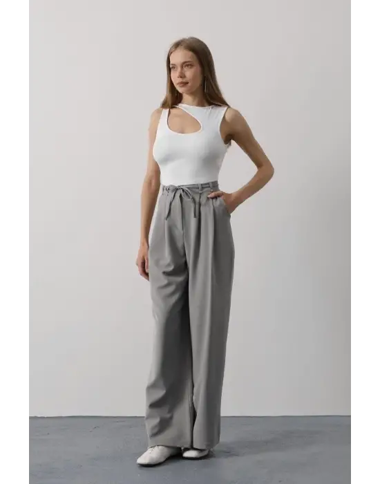 Pileli Bağcıklı Oversize Pantolon - Gri