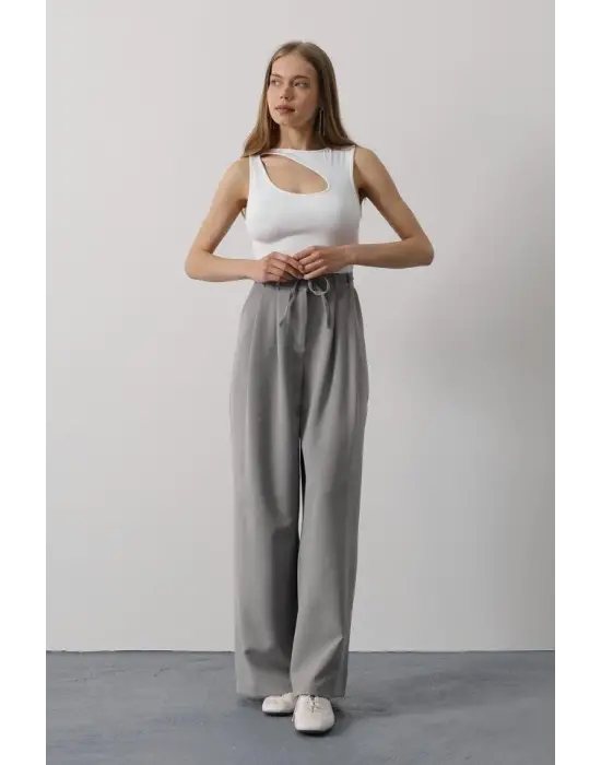 Pileli Bağcıklı Oversize Pantolon - Gri