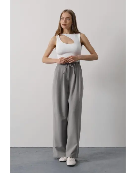 Pileli Bağcıklı Oversize Pantolon - Gri