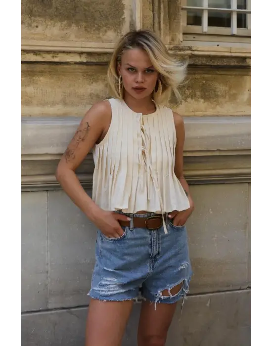 Pileli Bağlamlı Bluz - Natür