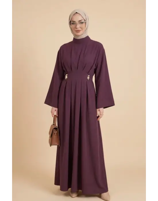 Pileli Beli Kemerli Toka Detaylı Modal Elbise  -Bordo