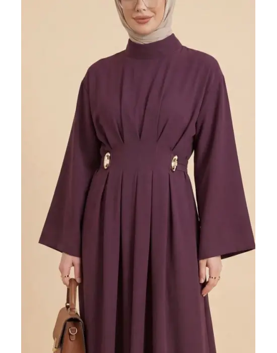 Pileli Beli Kemerli Toka Detaylı Modal Elbise  -Bordo