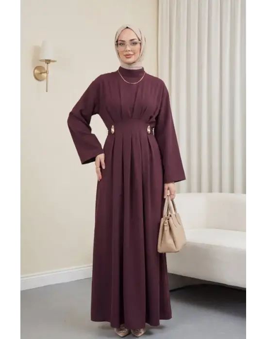 Pileli Beli Kemerli Toka Detaylı Modal Elbise  -Bordo